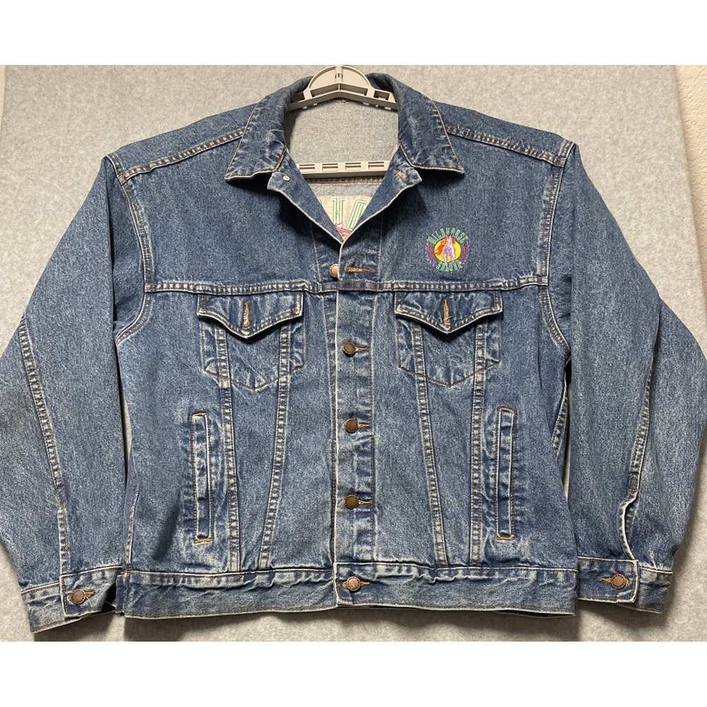 VINTAGE Trucker Jacket Men Large Blue Wildhorse Saloon 90s Moto Biker Bar Patch